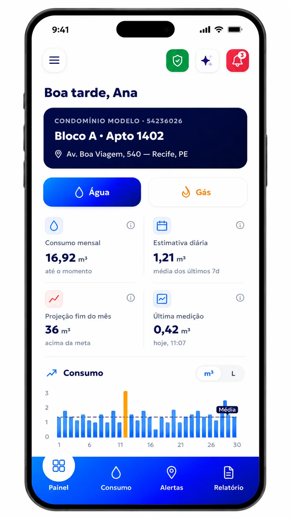 Aplicativo FOOZ: consumo do mês da unidade, projeção de fechamento e gráfico diário com média e pico