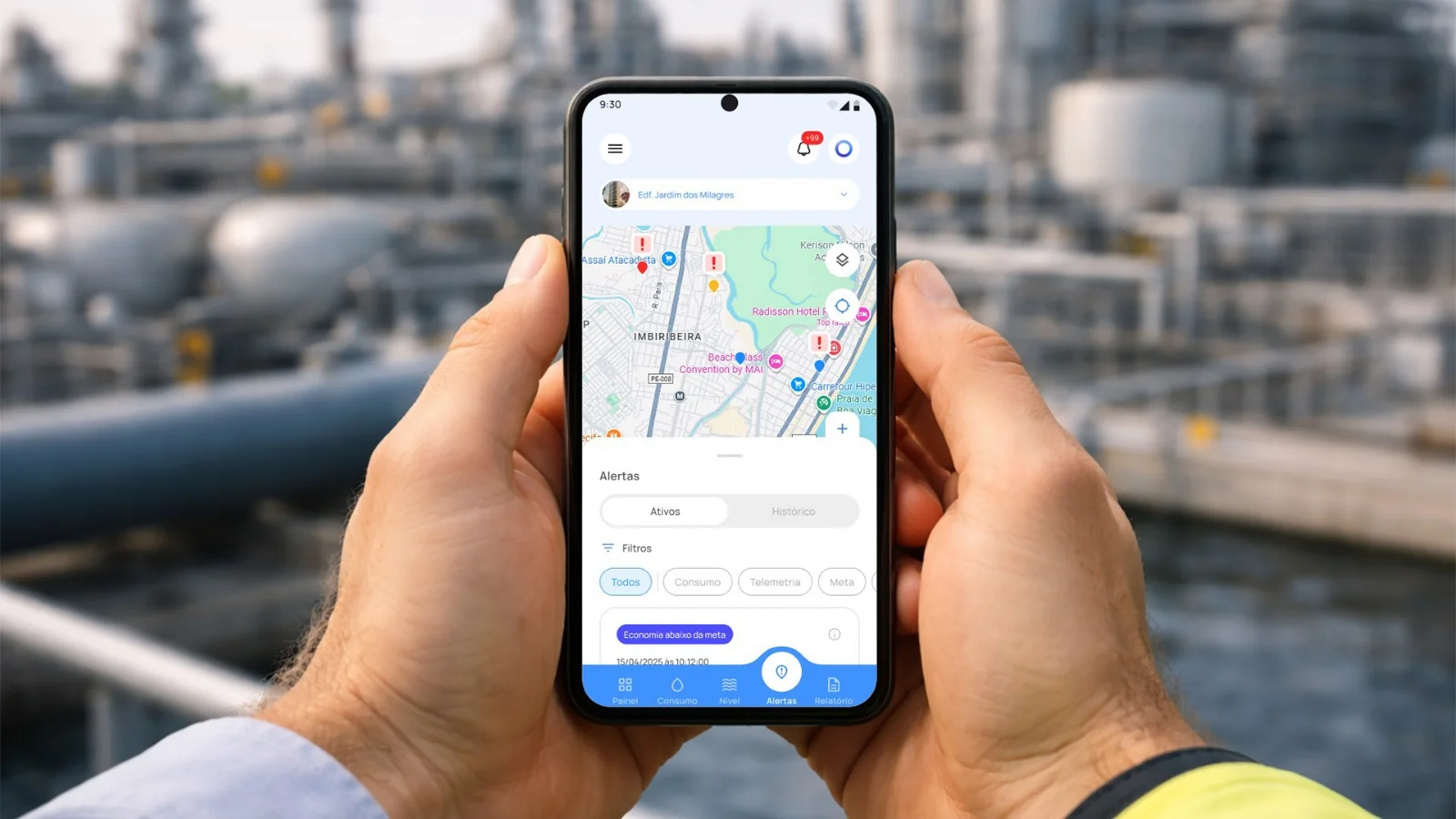 Time do Enotel com o app FOOZ recebendo alertas de consumo de água, energia e gás