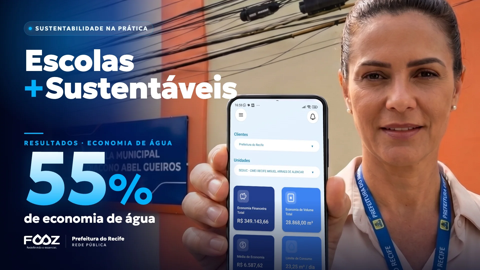 Escolas +Sustentáveis · 55% de economia de água · Prefeitura do Recife