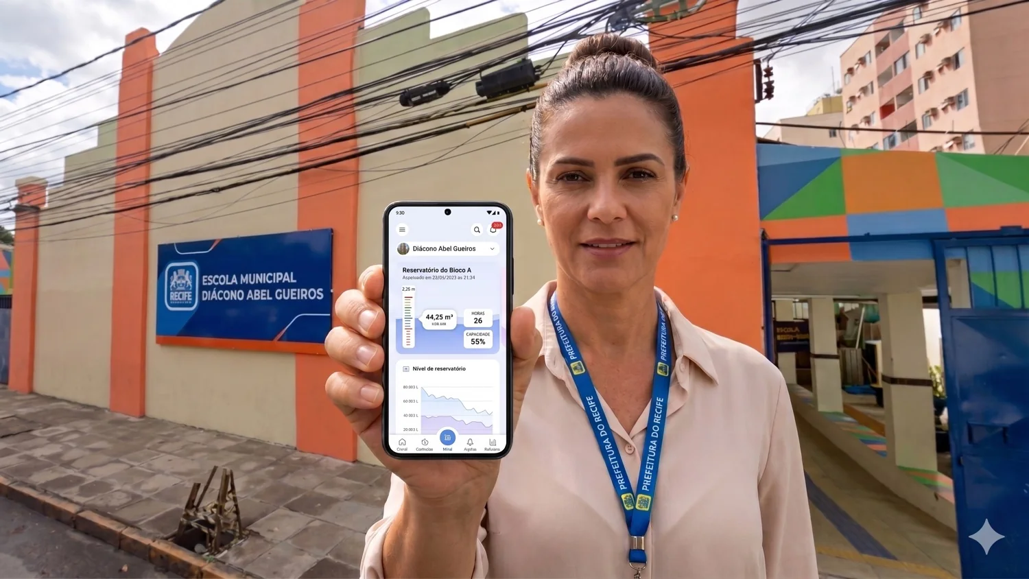 Gestora de escola da Prefeitura do Recife com o app FOOZ no celular, monitorando o nível do reservatório, a autonomia em horas e os alertas da unidade