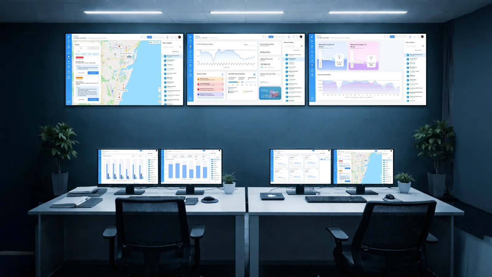 Command Center FOOZ: sala de controle com telões exibindo o Mapa Operacional e dashboards da rede pública